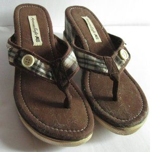 American Eagle Brown Plaid Button Wedge Sandals